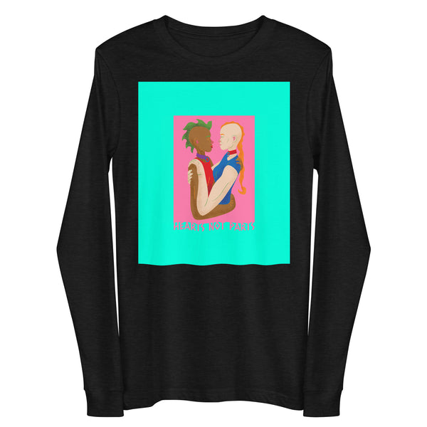 Black long-sleeve shirt with colorful illustration of two people embracing and “HEARTS NOT PARTS” text
