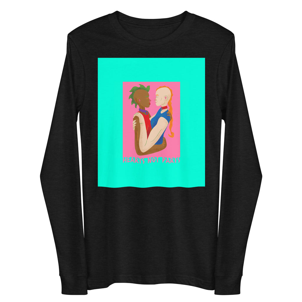 Black long-sleeve shirt with colorful illustration of two people embracing and “HEARTS NOT PARTS” text