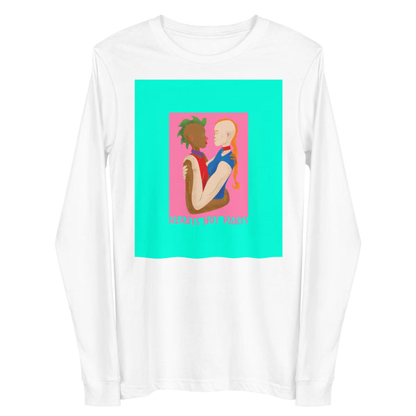 Front view of a white long-sleeve shirt with two people embracing and “HEARTS NOT PARTS” text