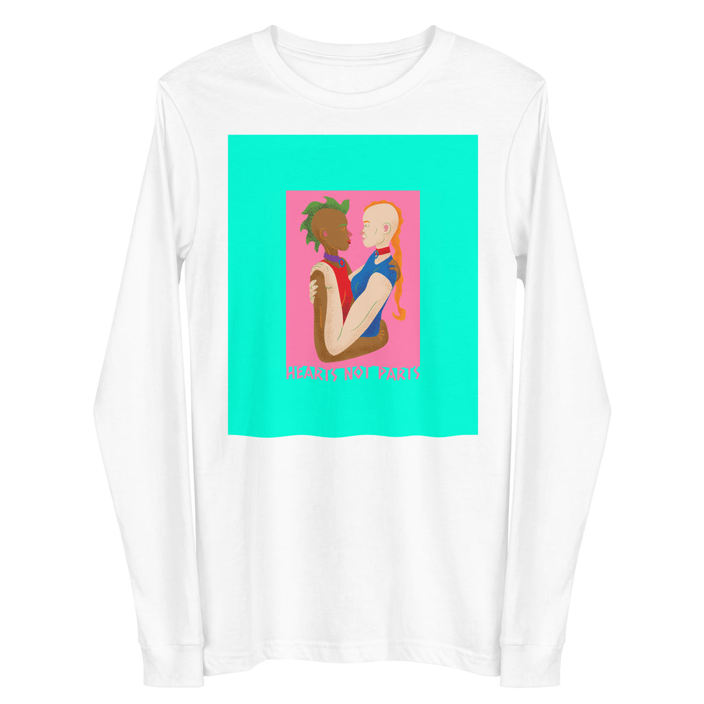 Front view of a white long-sleeve shirt with two people embracing and “HEARTS NOT PARTS” text