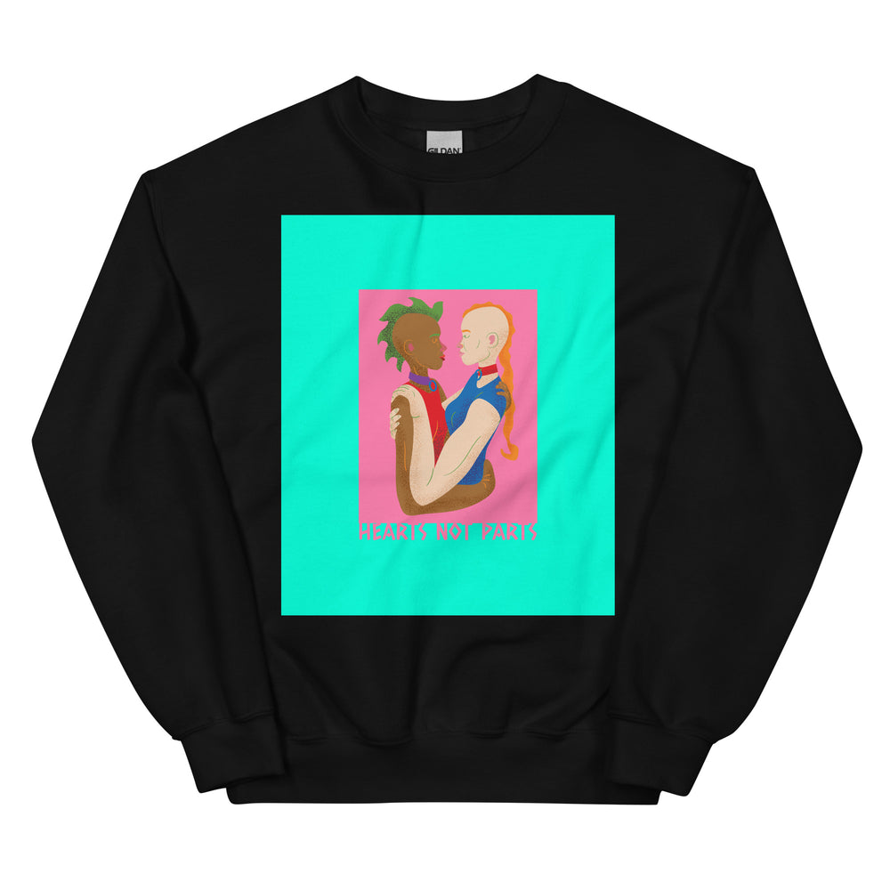 Front view of a black sweatshirt with two illustrated people embracing and kissing, reading “HEARTS NOT PARTS”
