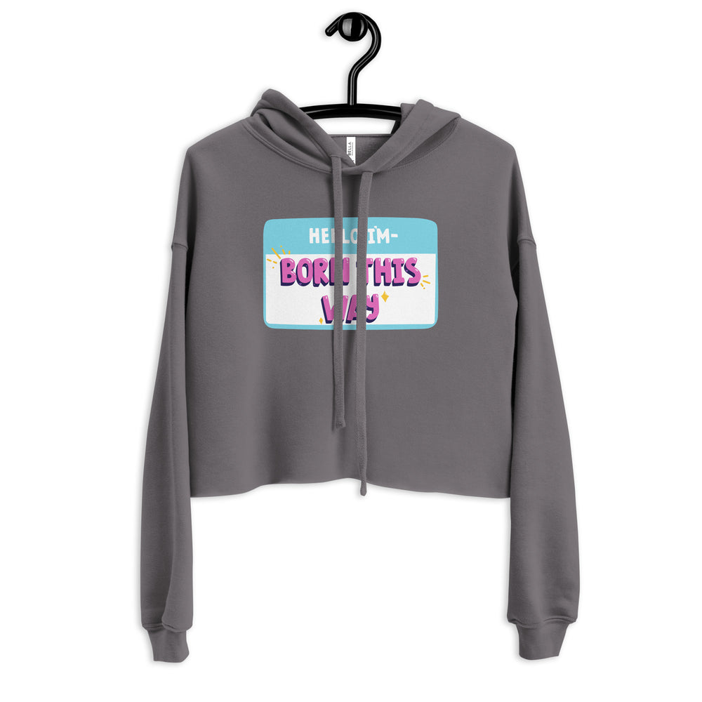 Front view of a gray cropped hoodie on a hanger reading “HELLO I’M—BORN THIS WAY”