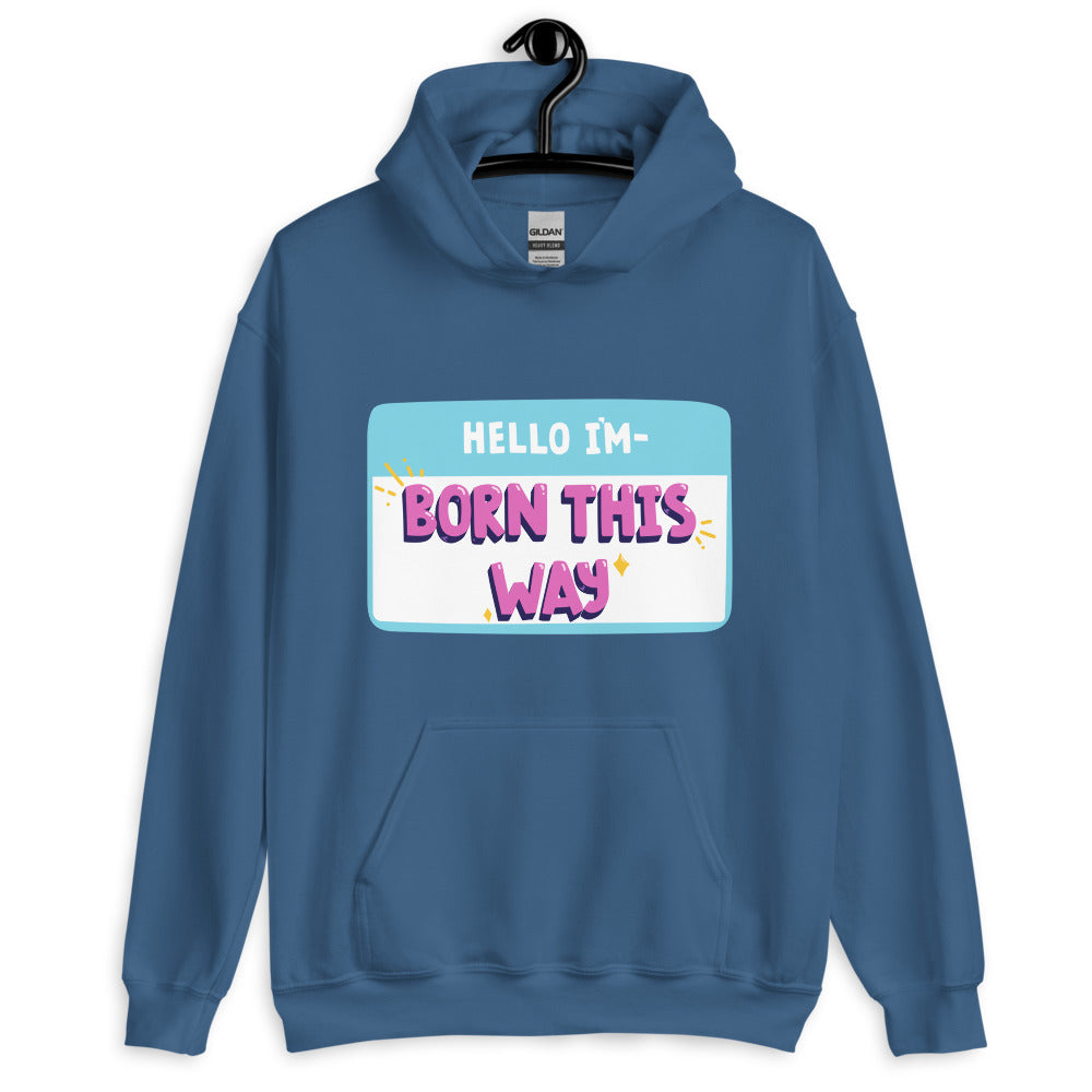 Front view of a blue hoodie on a hanger reading “HELLO I’M—BORN THIS WAY”