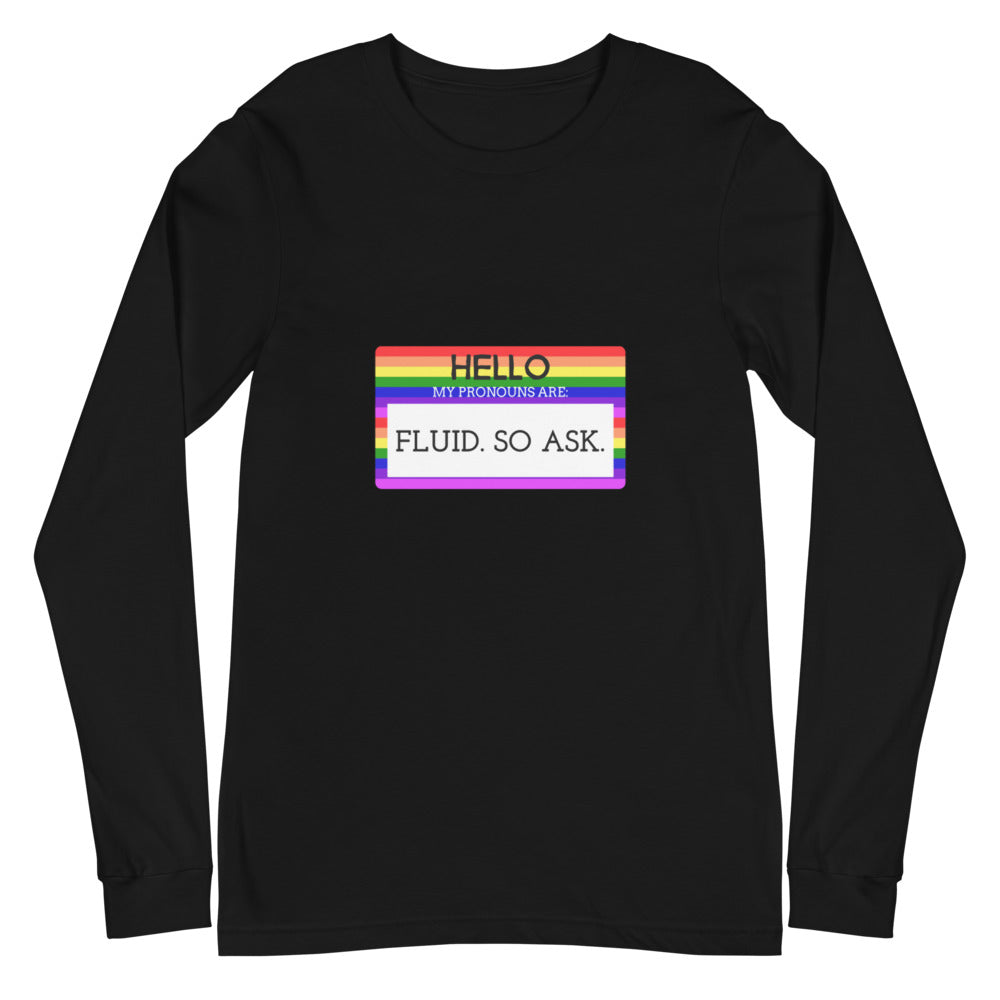 Front view of a black long-sleeve shirt with a rainbow-bordered “HELLO” pronoun message