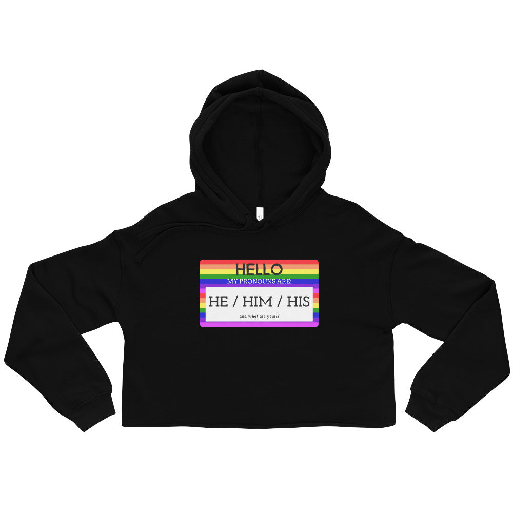 Front view of a black cropped hoodie with a rainbow pronoun graphic reading “HE / HIM / HIS.”