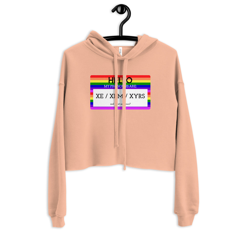 Rainbow queer pronoun crop hoodie with “Hello My Pronouns Are Xe / Xem / Xyrs” design; product view