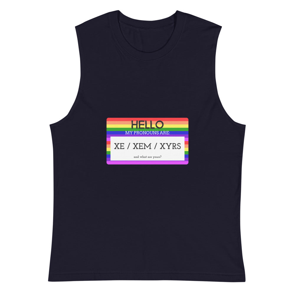 Navy sleeveless muscle tank with a rainbow pronoun badge reading “HELLO” and “XE / XEM / XYRS”