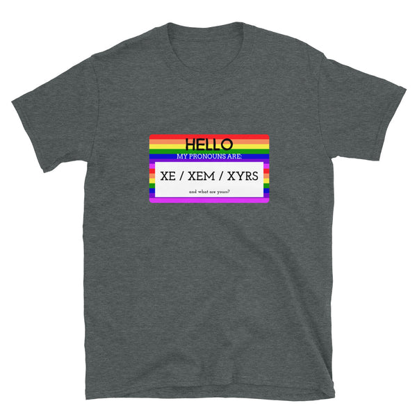 Gray T-shirt with rainbow-bordered pronoun card reading “Hello, my pronouns are: xe / xem / xyrs”