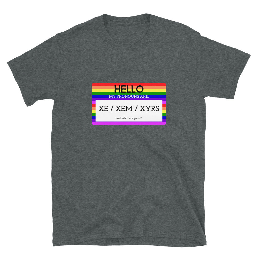 Gray T-shirt with rainbow-bordered pronoun card reading “Hello, my pronouns are: xe / xem / xyrs”
