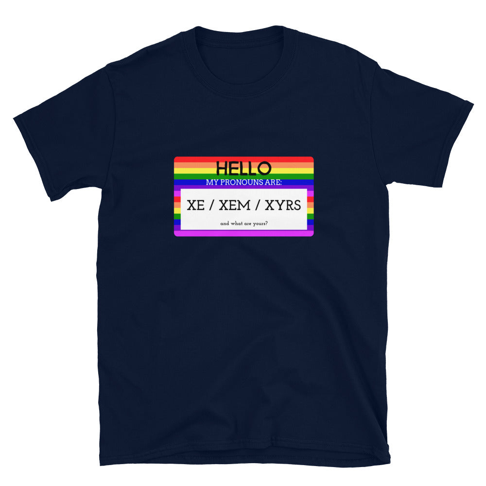 Navy T-shirt with rainbow-striped pronoun graphic reading “HELLO, MY PRONOUNS ARE: XE / XEM / XYRS”