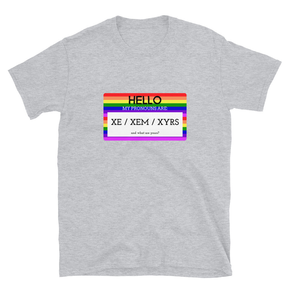 Gray T-shirt with a rainbow-bordered pronoun card reading “HELLO” and “XE / XEM / XYRS”