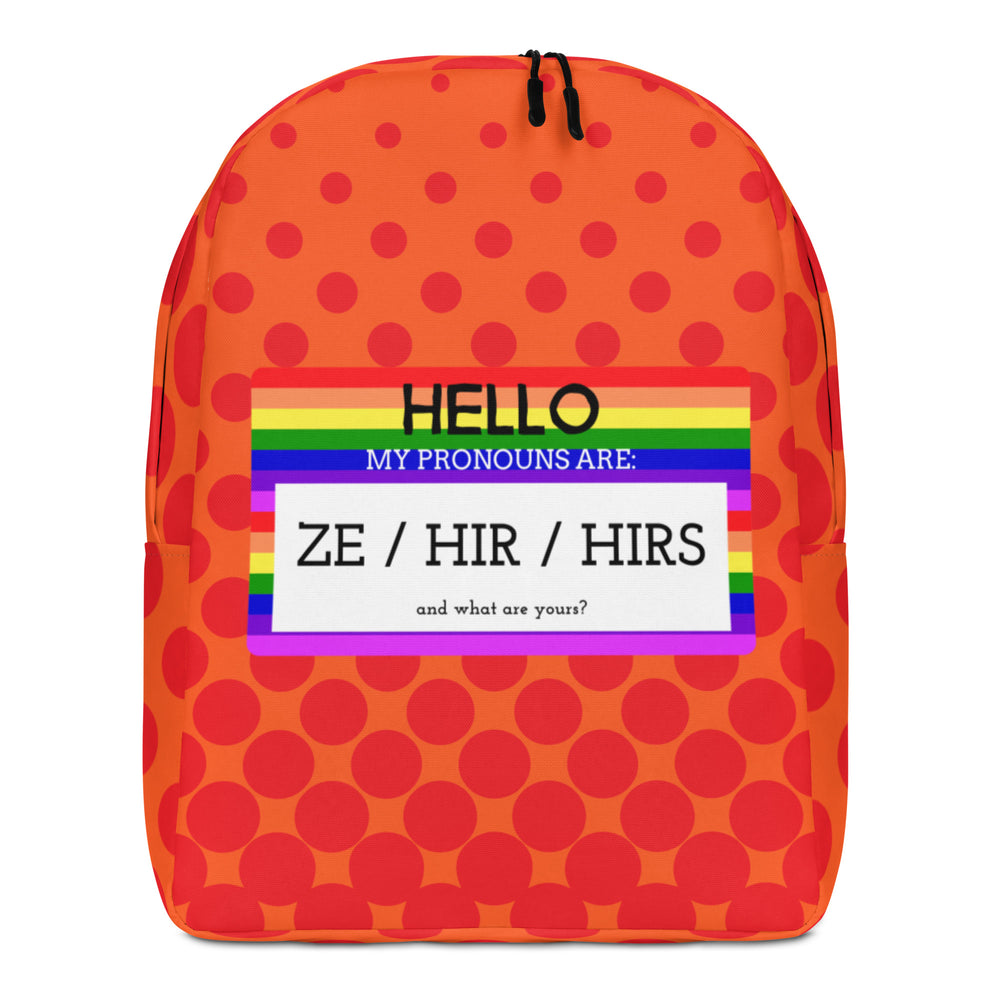 Front-facing orange polka-dot backpack with rainbow panel reading “HELLO” and “ZE / HIR / HIRS”