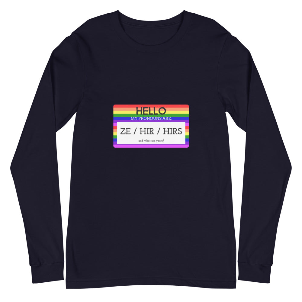 Front view of a navy long-sleeve shirt with a rainbow pronoun label reading “ZE / HIR / HIRS.”