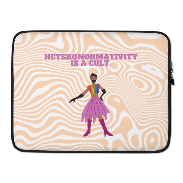 Laptop sleeve with tan-and-white waves, pink slogan, and a figure in a rainbow top