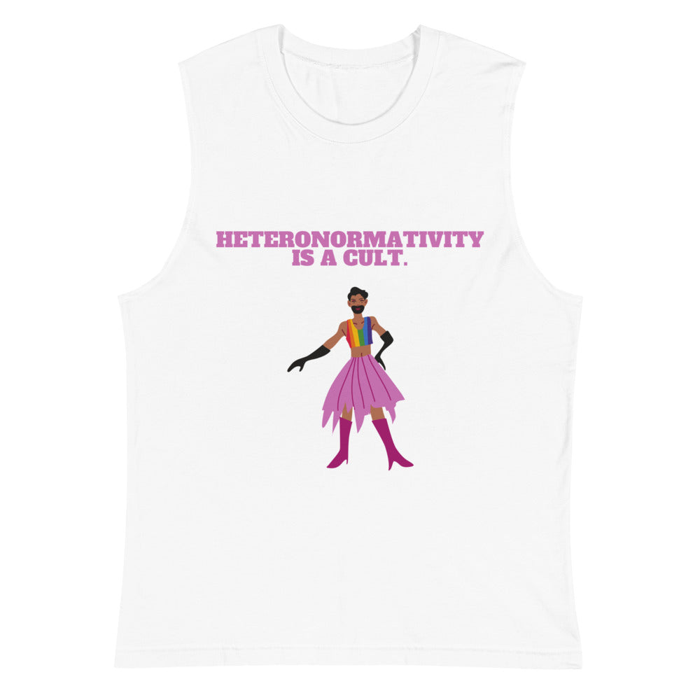 White muscle tank top reading “Heteronormativity Is a Cult.” with a colorful drag performer graphic