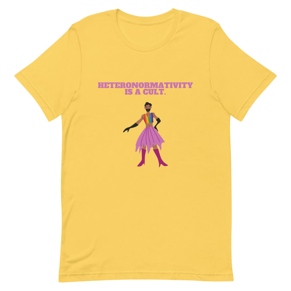 Yellow T-shirt with purple “Heteronormativity Is a Cult.” slogan and drag performer graphic