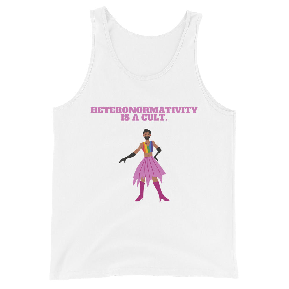 White tank top with “HETERONORMATIVITY IS A CULT” text and colorful drag performer graphic