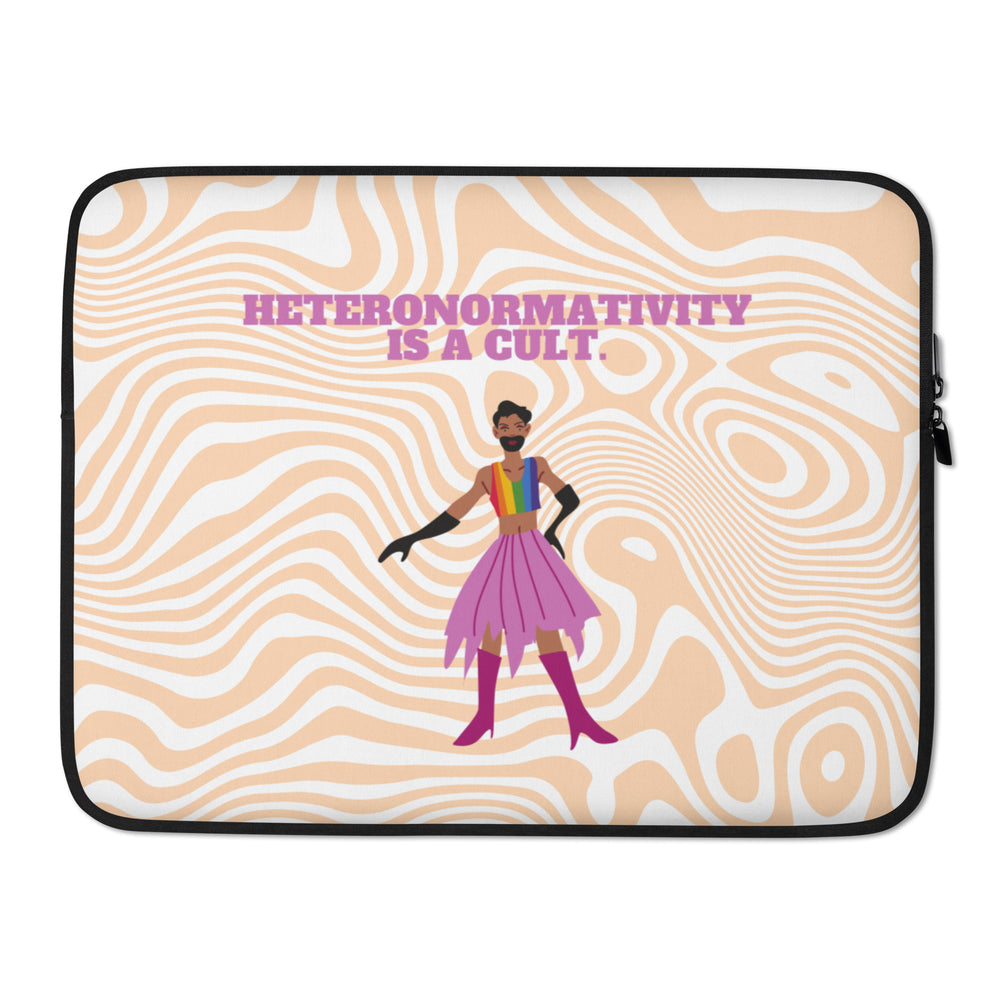 Laptop sleeve with tan-and-white waves, pink slogan, and a figure in a rainbow top