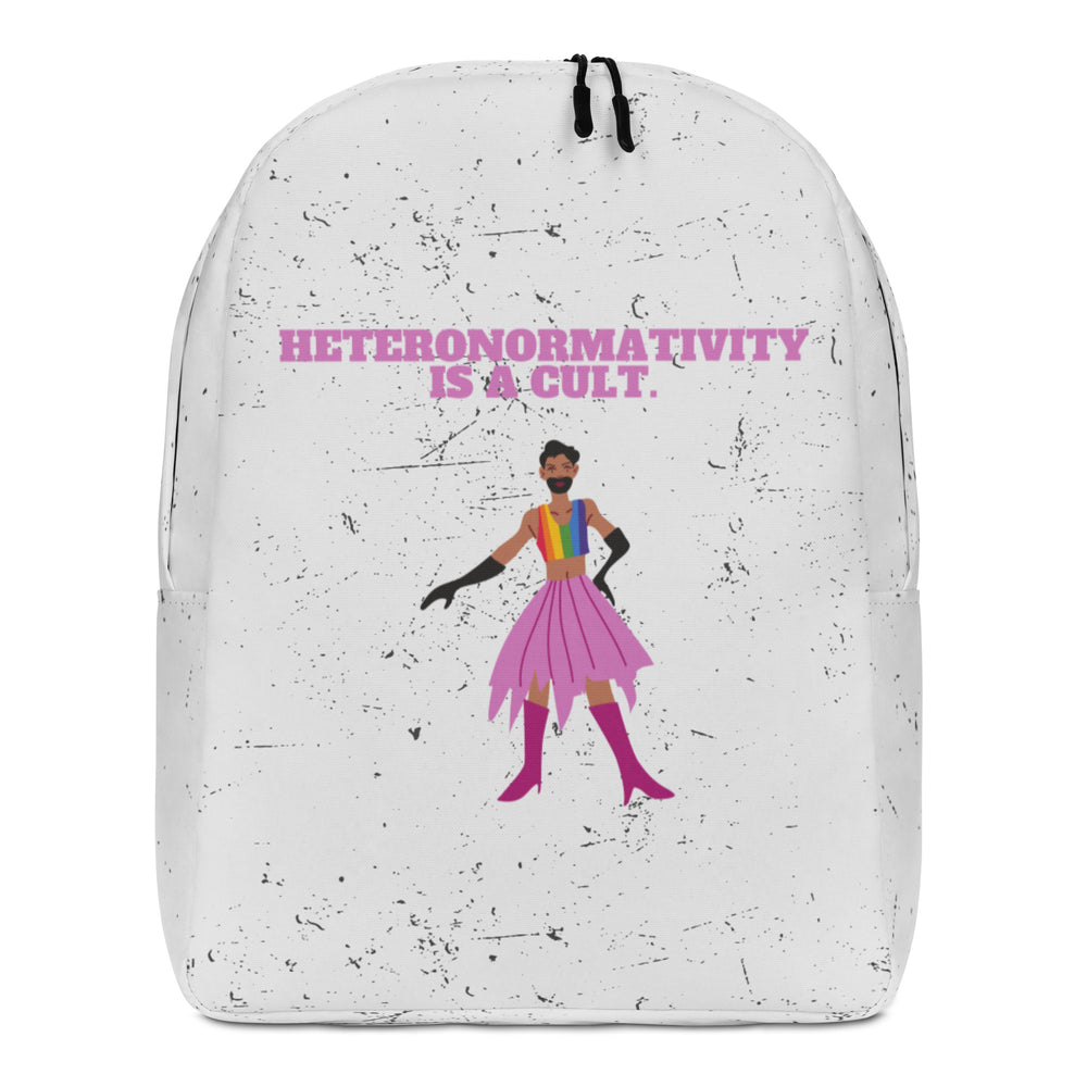 Front view of a white speckled backpack reading “HETERONORMATIVITY IS A CULT” with a colorful figure
