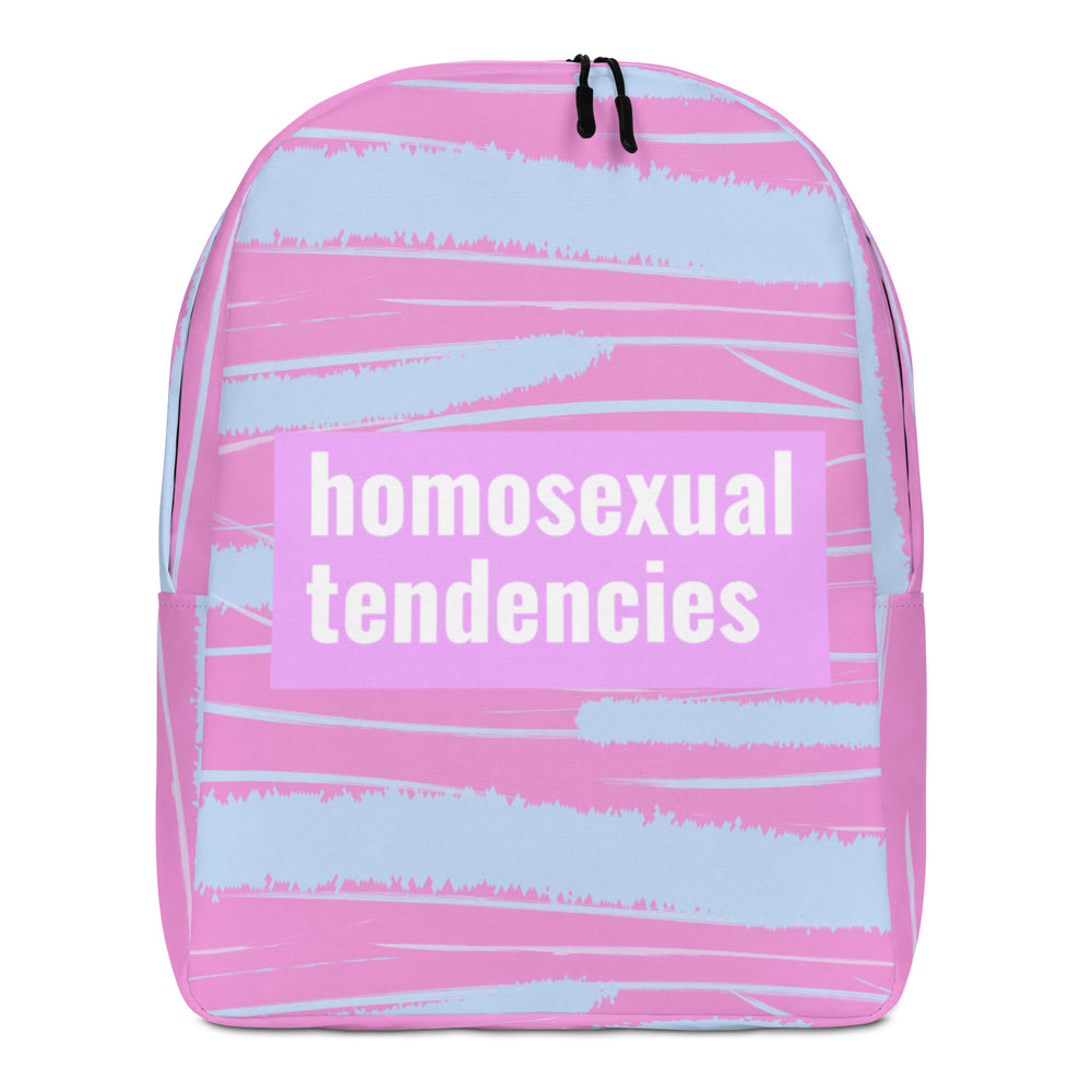 Front view of a pink and light-blue backpack reading “homosexual tendencies”