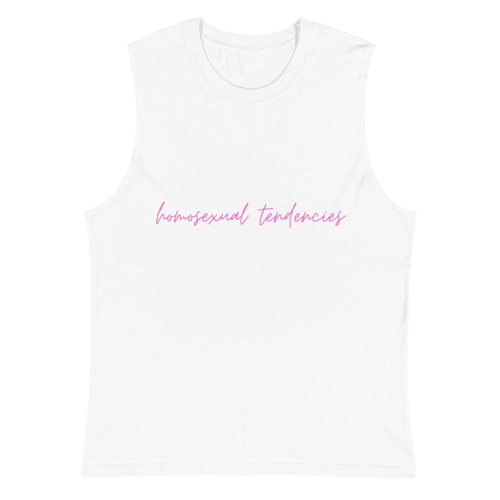 Front view of a white muscle tank top with pink “homosexual tendencies” script