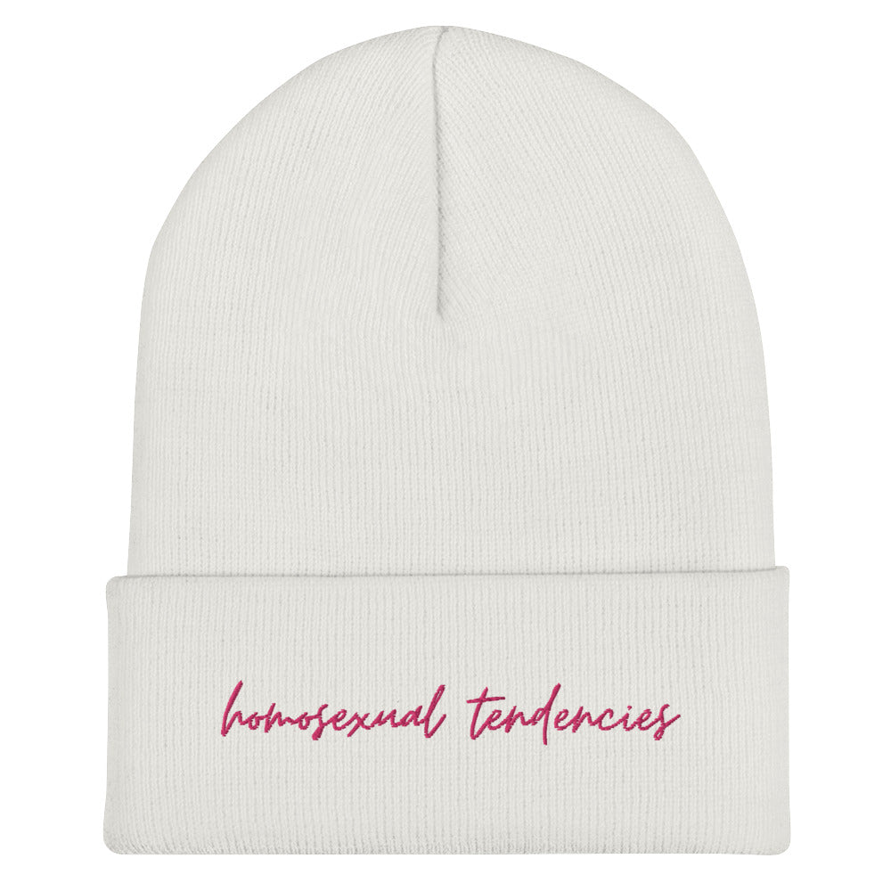 Front-facing white ribbed cuffed beanie with pink script reading “homosexual tendencies”