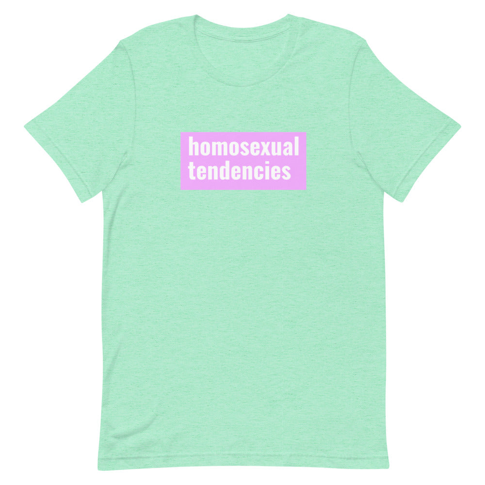 Mint green T-shirt with a pink rectangle reading “homosexual tendencies”