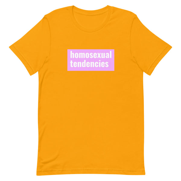 Orange T-shirt with a pink chest rectangle reading “homosexual tendencies”