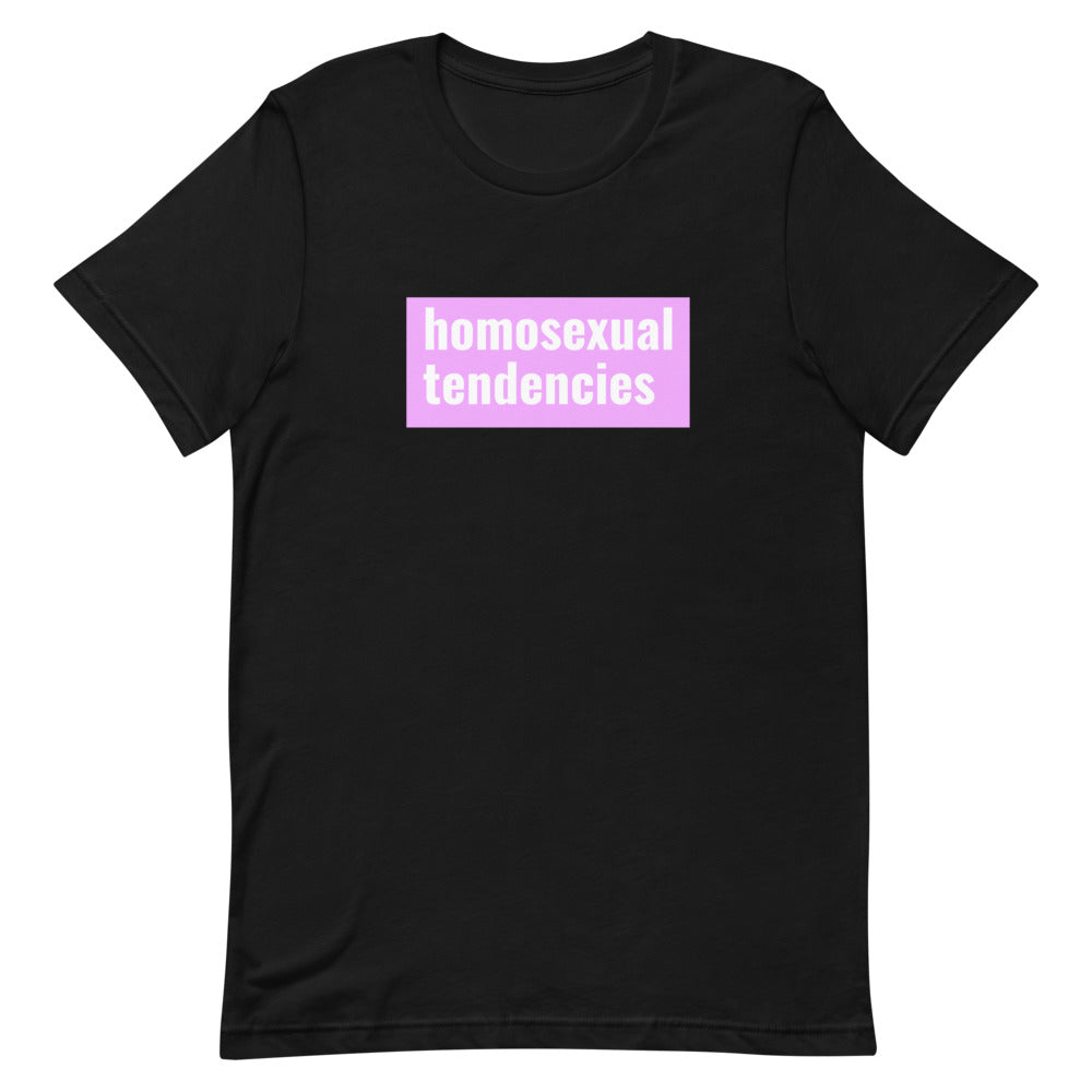 Black T-shirt with a pink rectangle reading “homosexual tendencies”