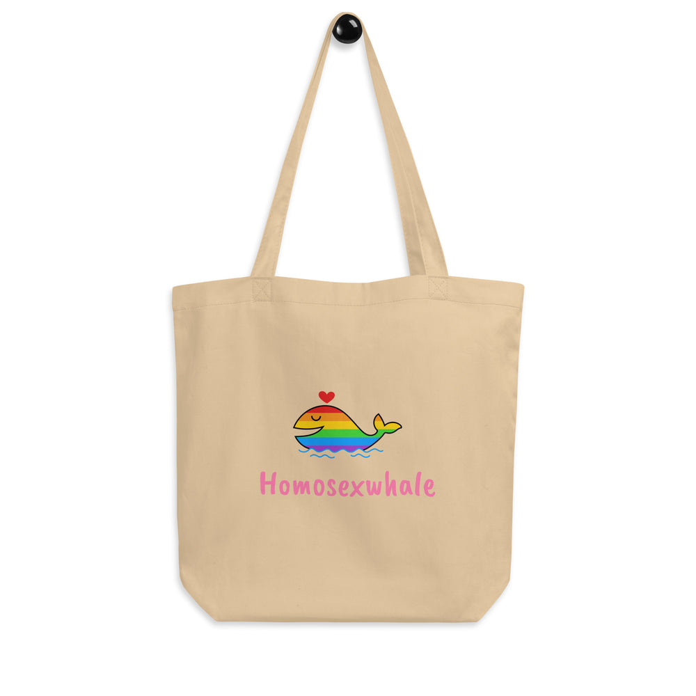 Oyster tote bag with a rainbow-striped whale, red heart, and “Homosexwhale” text