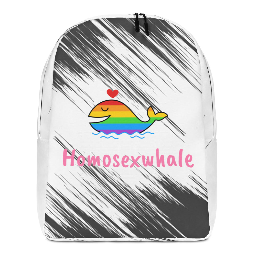 Front-facing white backpack with black brush-stroke pattern, rainbow whale, heart, and “Homosexwhale” text