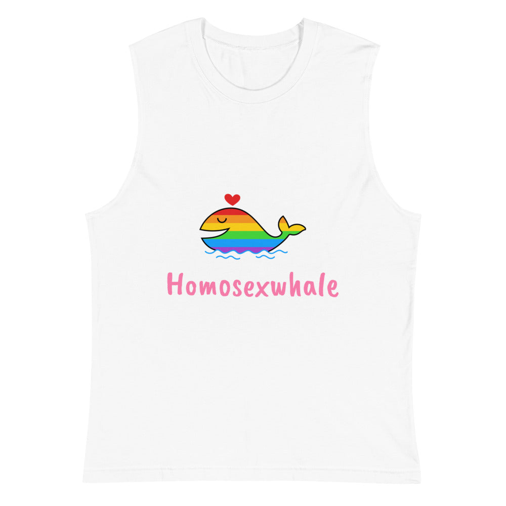 Front view of a white muscle tank top with a rainbow whale and “Homosexwhale” text