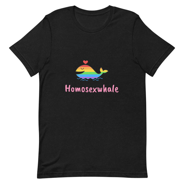 Front view of a black T-shirt with a rainbow whale and “Homosexwhale” text