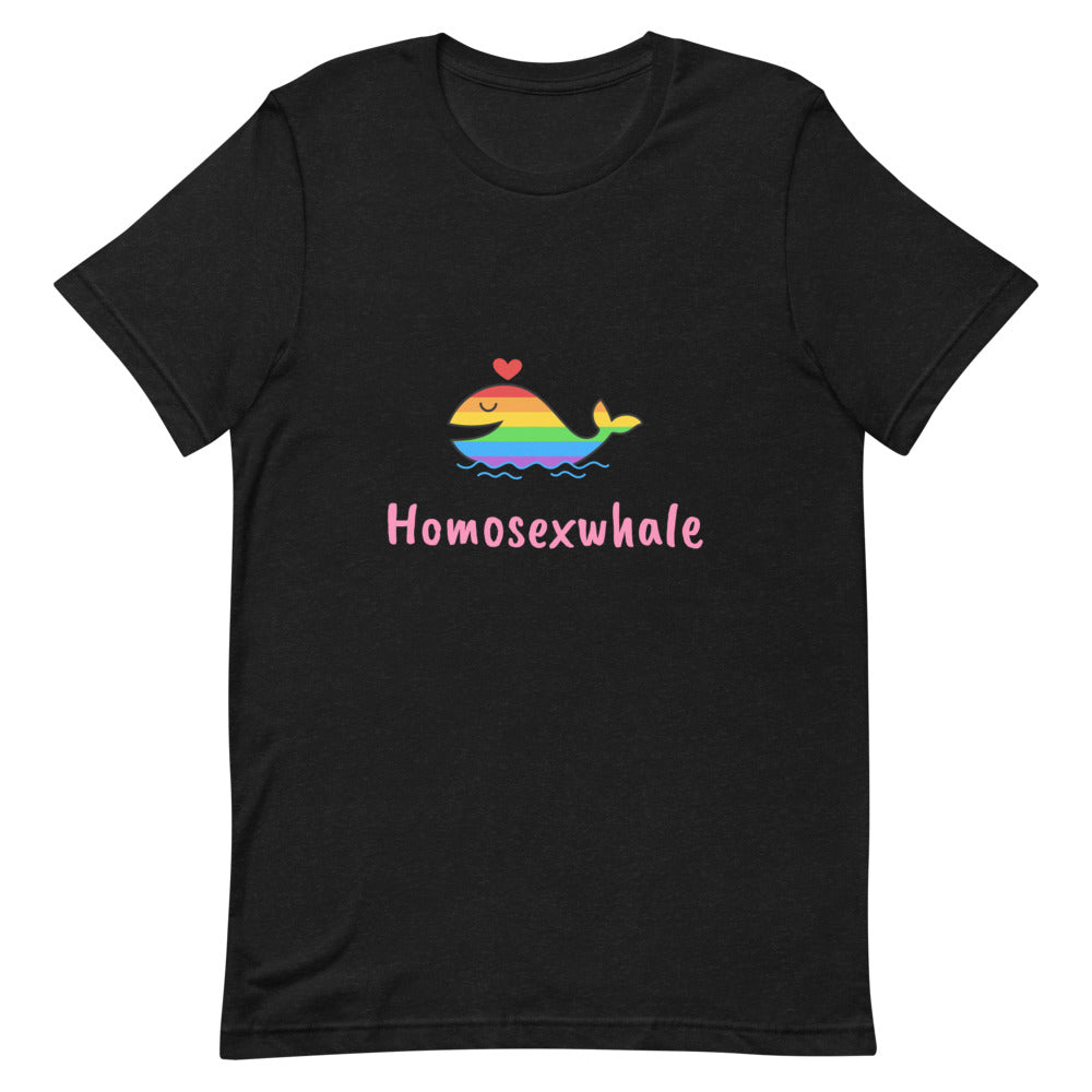 Front view of a black T-shirt with a rainbow whale and “Homosexwhale” text