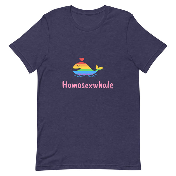 Front-facing navy T-shirt with a rainbow whale, heart, and “Homosexwhale” text