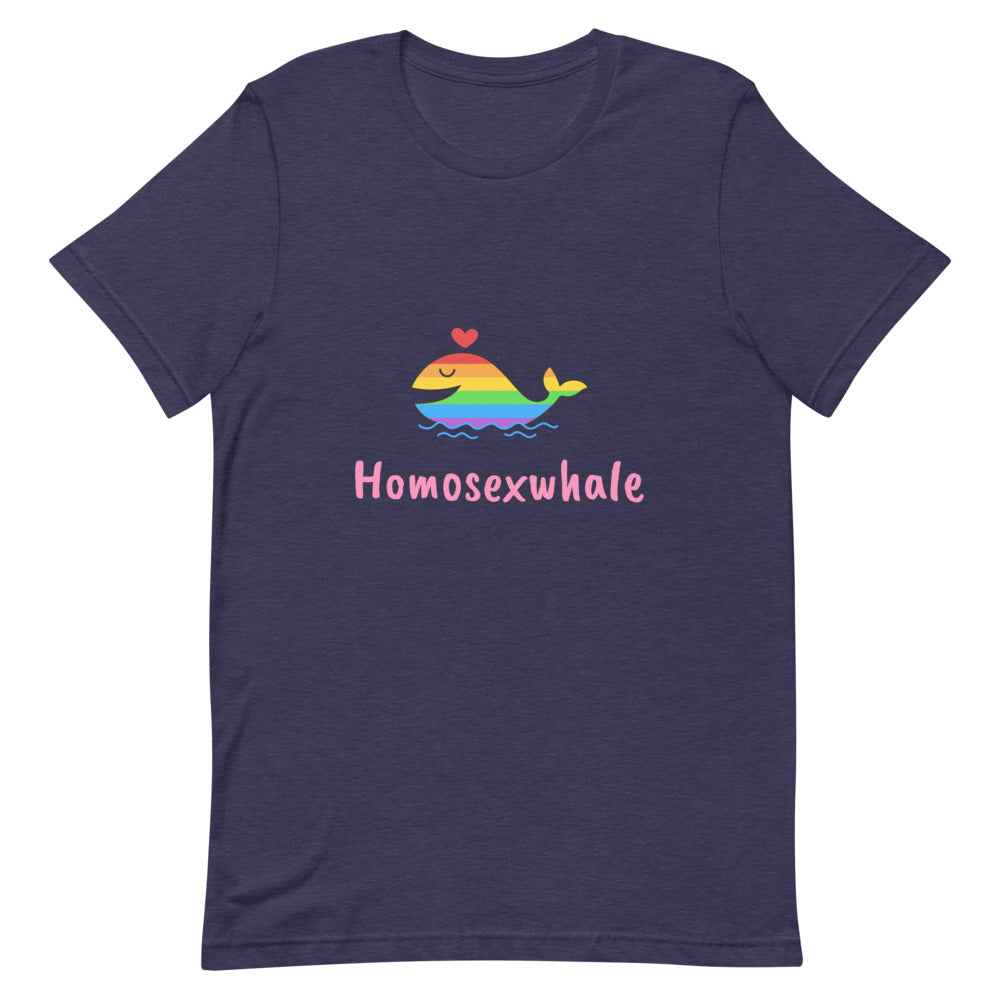 Front-facing navy T-shirt with a rainbow whale, heart, and “Homosexwhale” text