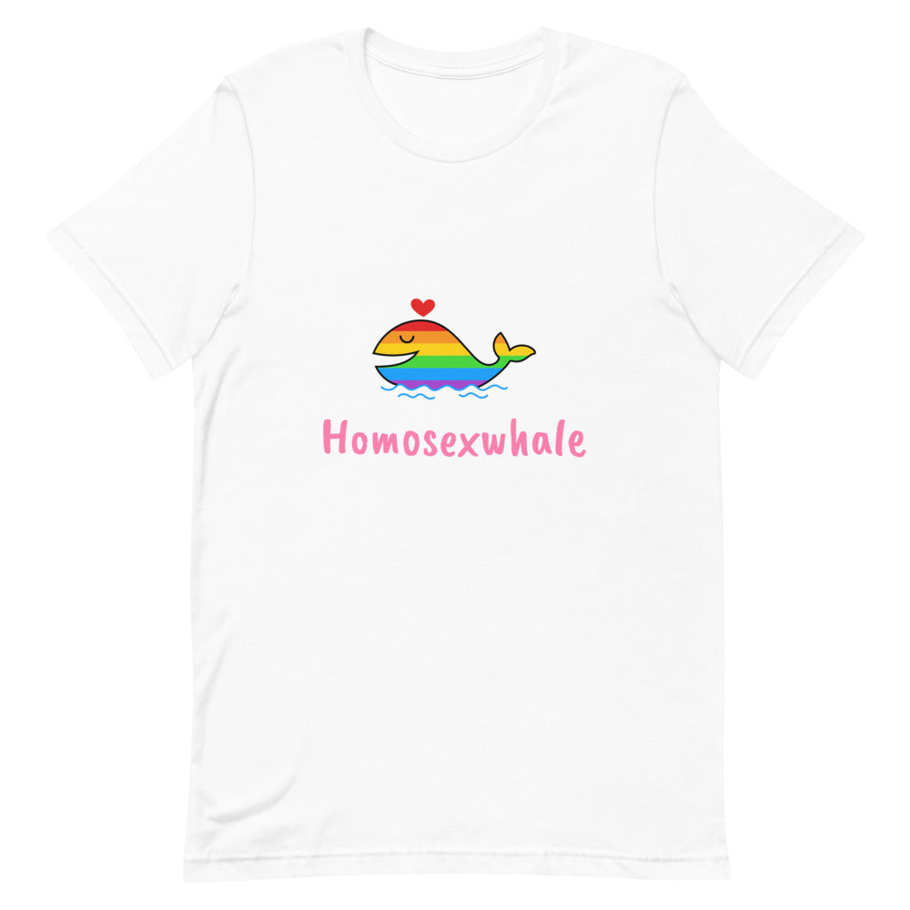 Front view of a white T-shirt with a rainbow whale, heart, and “Homosexwhale” text