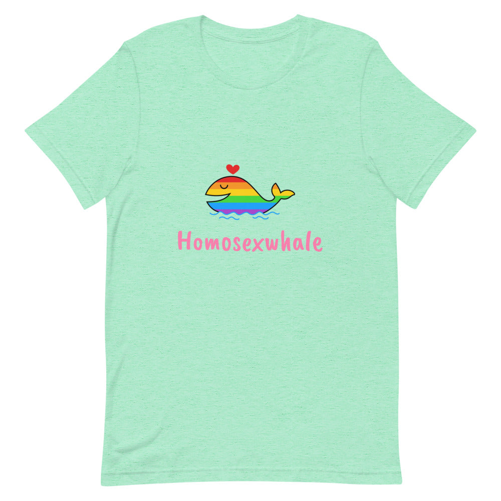 Flat-lay mint T-shirt with a rainbow whale, red heart, and “Homosexwhale” text