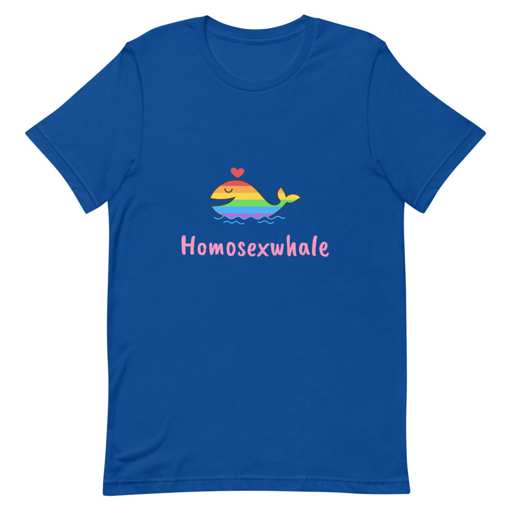 Front-facing royal blue T-shirt with a rainbow whale, heart, and “Homosexwhale” text