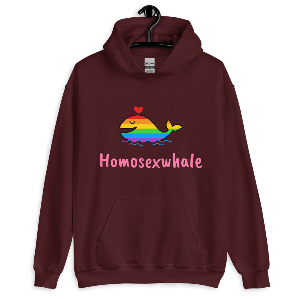 Front-facing maroon hoodie with a rainbow whale graphic and “Homosexwhale” text