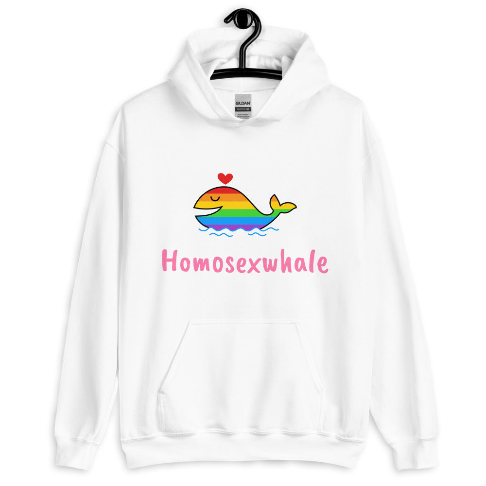Front view of a white hoodie with a rainbow whale, red heart, and “Homosexwhale” text