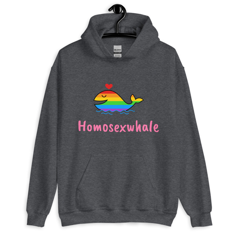 Front view of a dark gray hoodie with a rainbow whale and pink “Homosexwhale” text