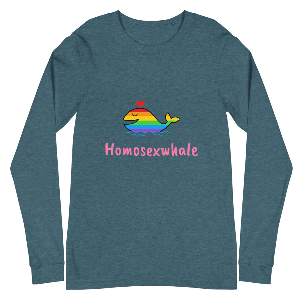 Heather teal long-sleeve shirt with a rainbow whale and pink “Homosexwhale” text