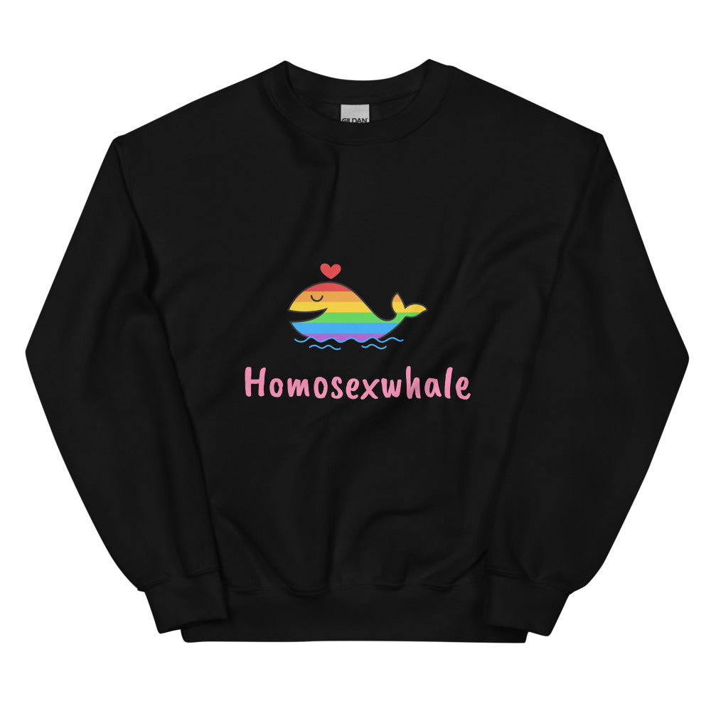 Front view of a black sweatshirt with a rainbow whale, heart, and “Homosexwhale” text
