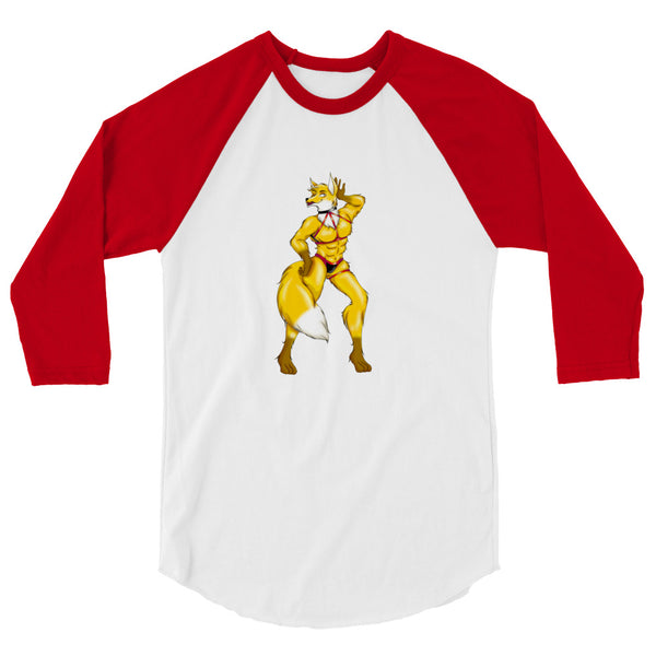 Front view of a white raglan shirt with red three-quarter sleeves and a furry fox character