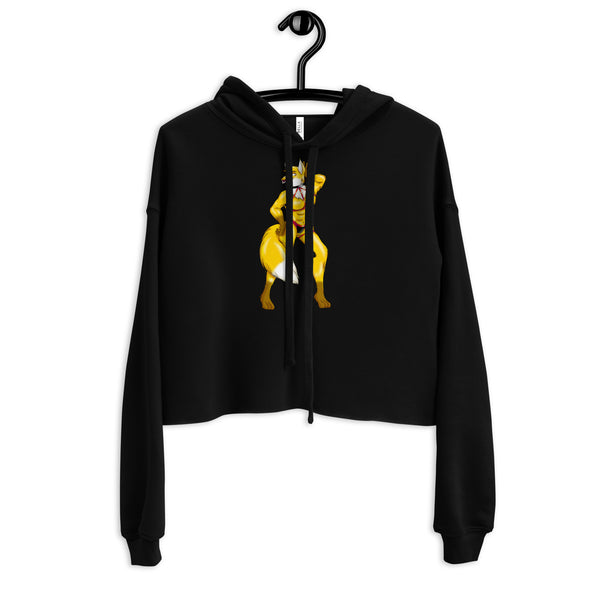Front view of a black cropped hoodie with a yellow fox-like furry character graphic