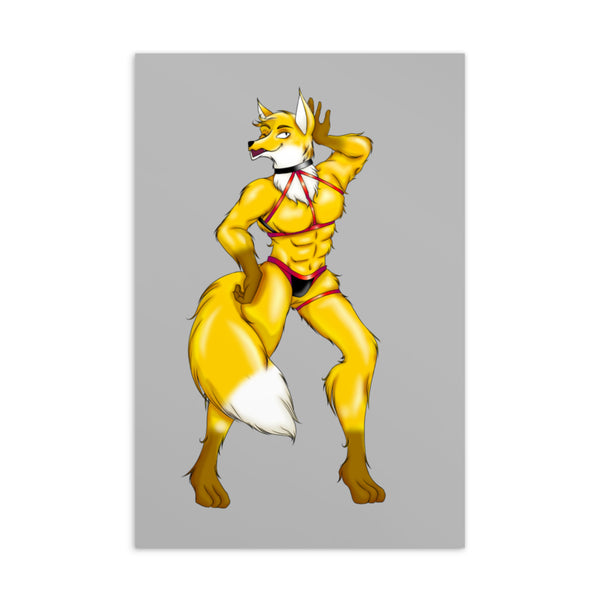 Postcard artwork of a flirtatious yellow fox furry in red-and-black harness underwear