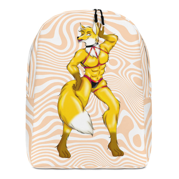 Front view of a backpack featuring a yellow, scantily clad furry fox character on wavy beige and white stripes