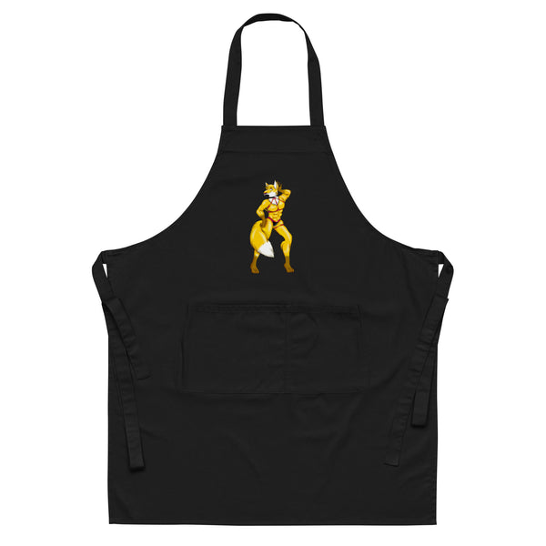 Front view of a black apron with a yellow anthropomorphic fox illustration and front pocket