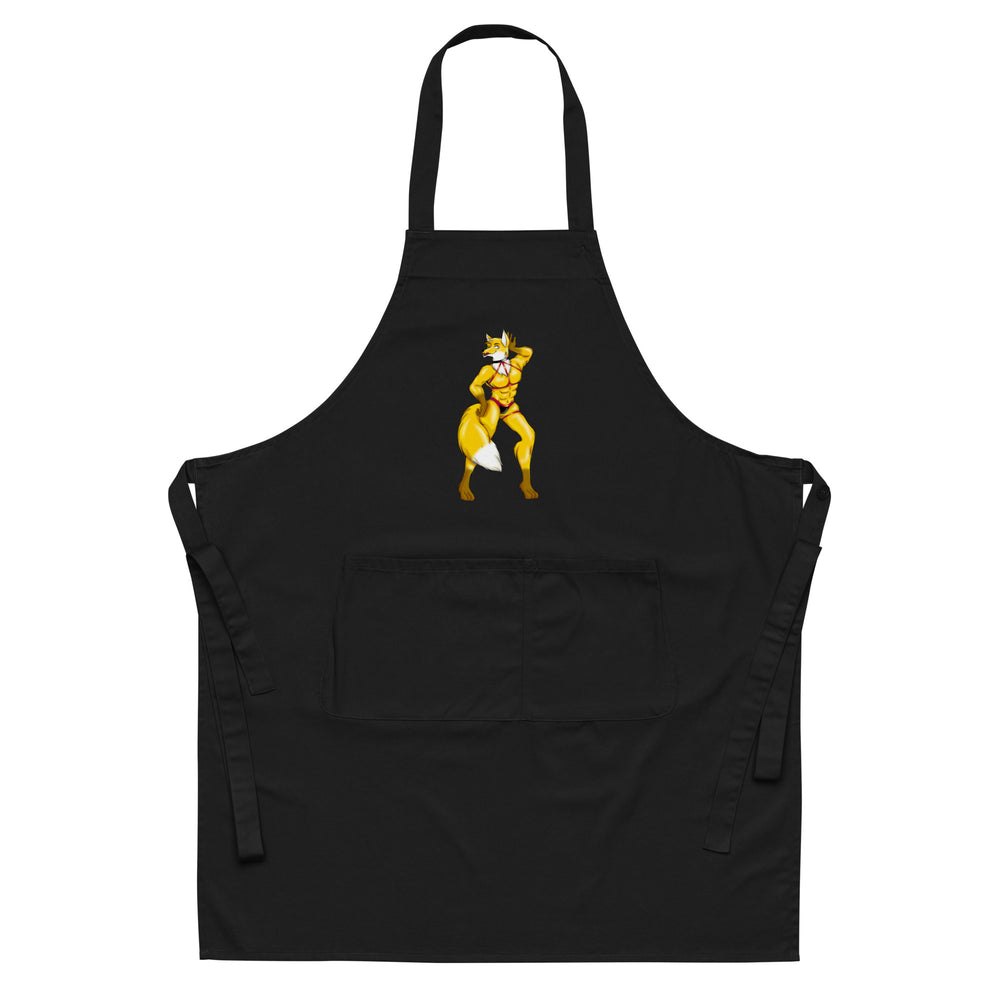 Front view of a black apron with a yellow anthropomorphic fox illustration and front pocket